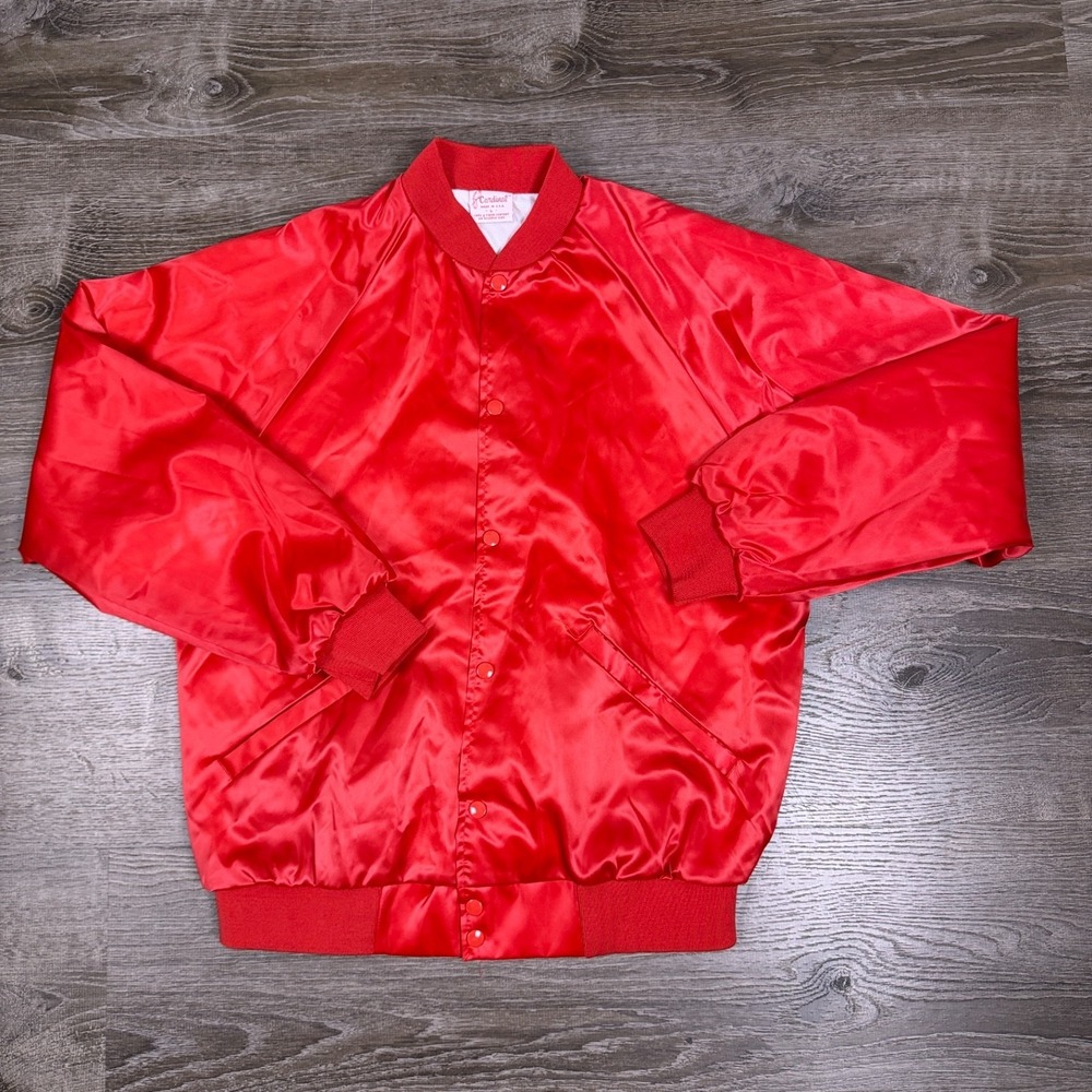 Vintage Cardinal Mens L Bomber Jacket Red Varsity Satin Made In USA 80s Lined